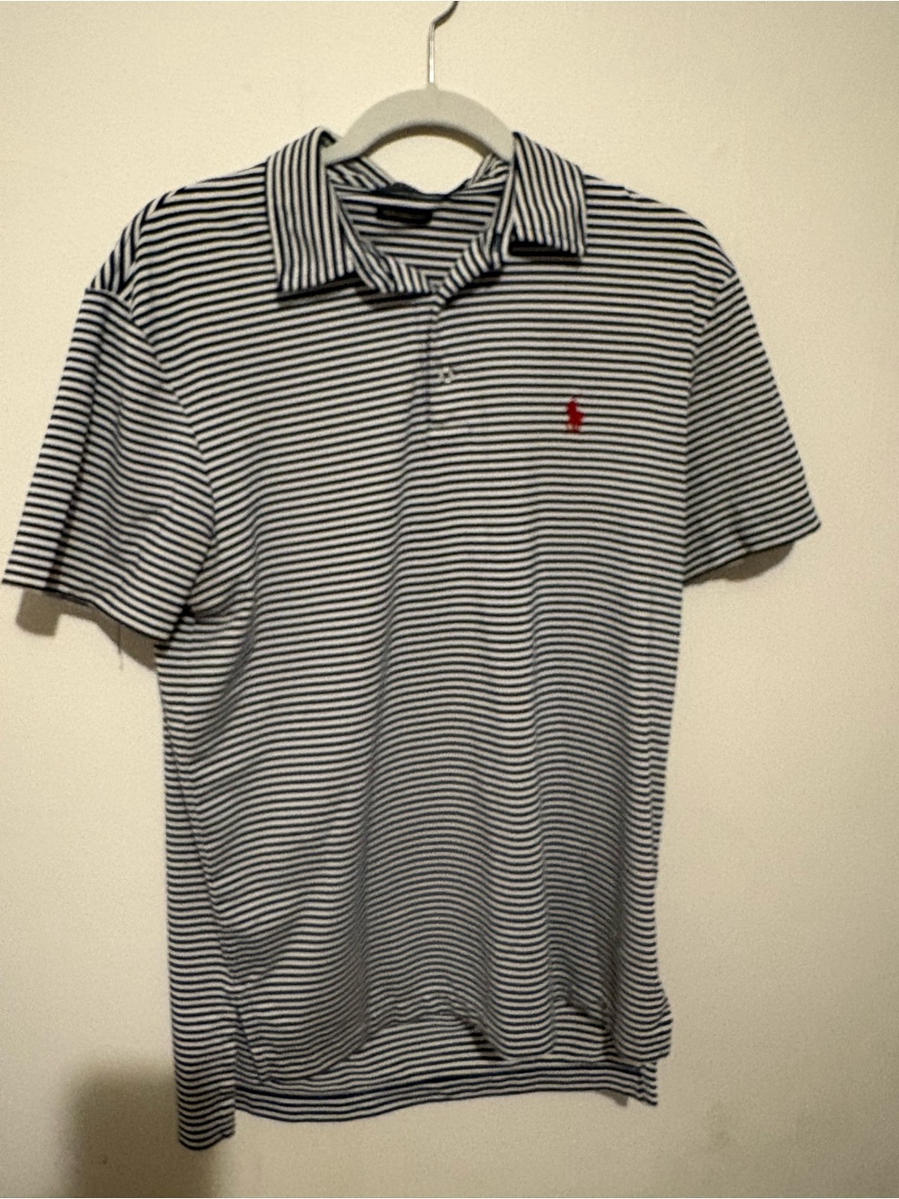 Striped Athletic Polo Shirt with Red Logo - Men's Navy/White